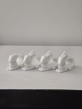 Shafford Japan White Ceramic Bunny Napkin Rings Set of 4 Easter Spring FLAW